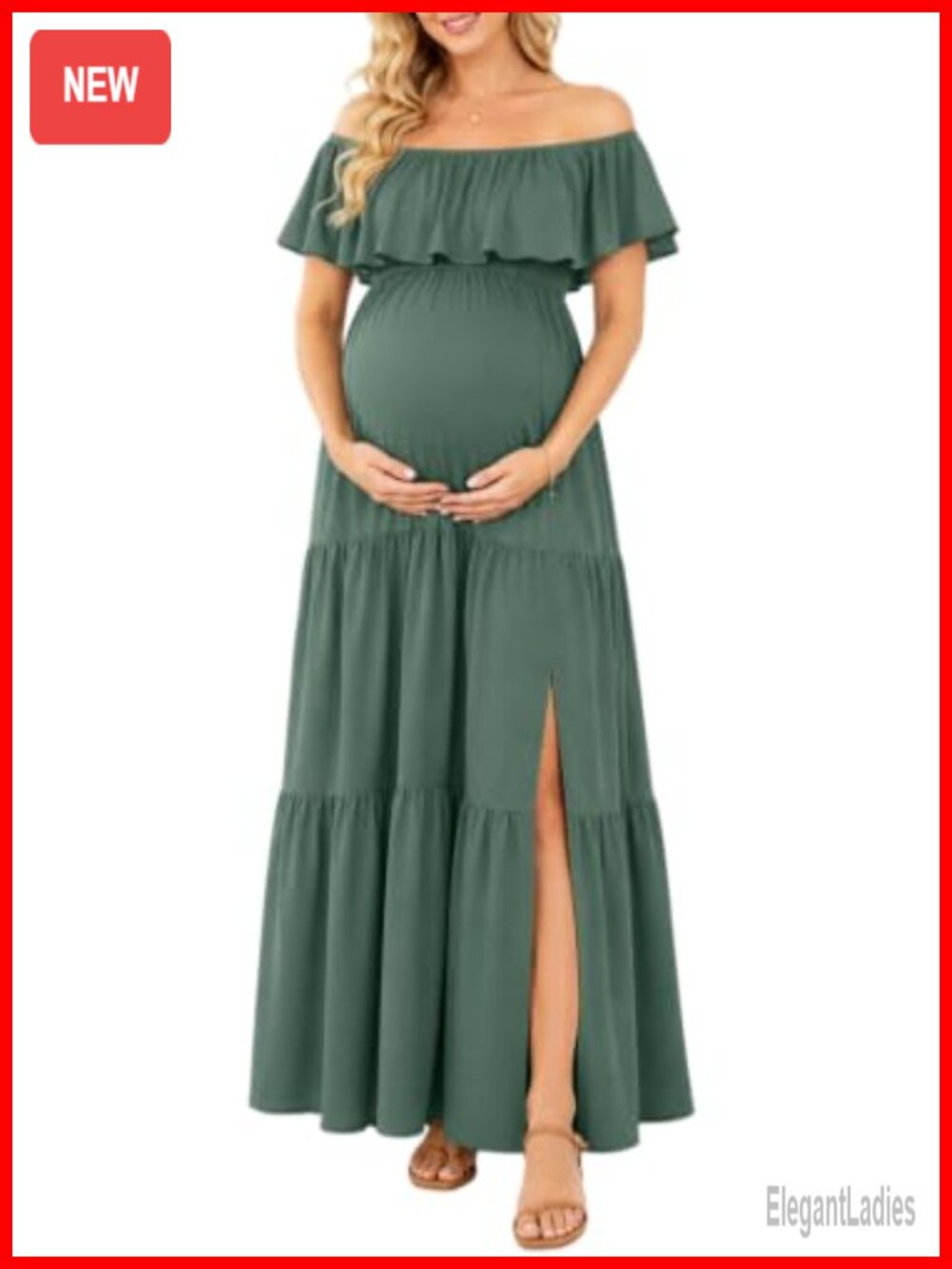 Off Shoulder Ruffles Flowy Maxi Maternity Dress with Slit for Photoshoot Baby
